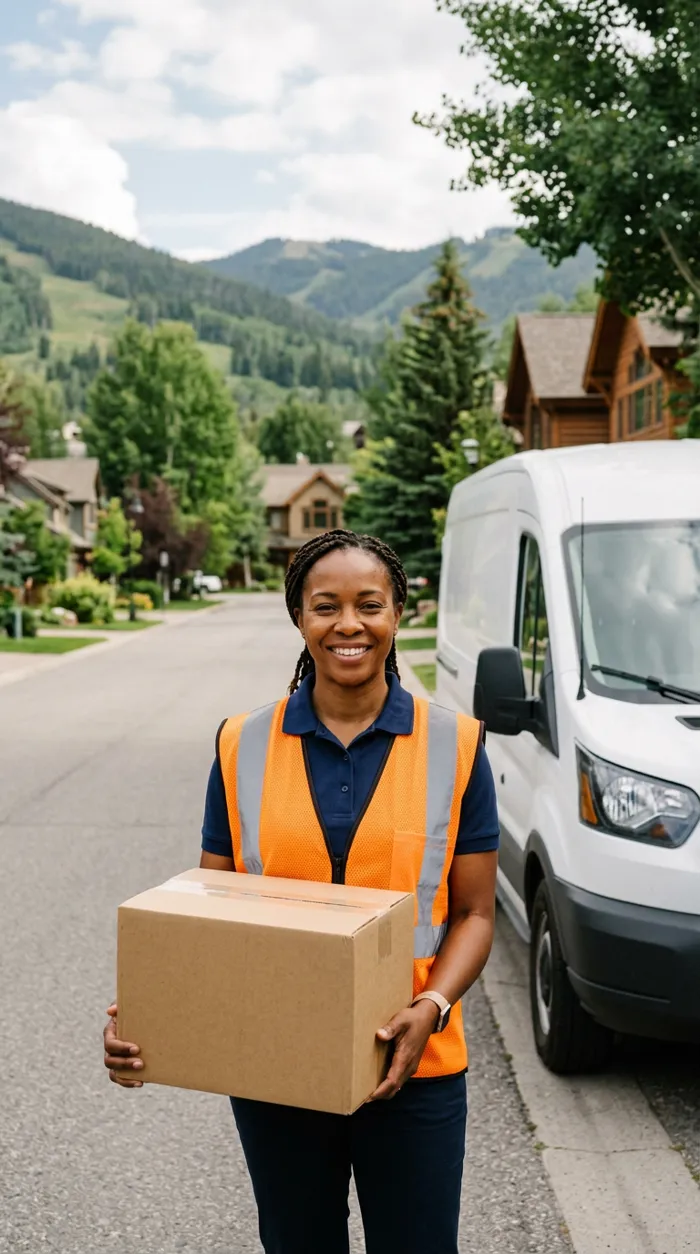 A smiling delivery driver in a safety vest holding a package