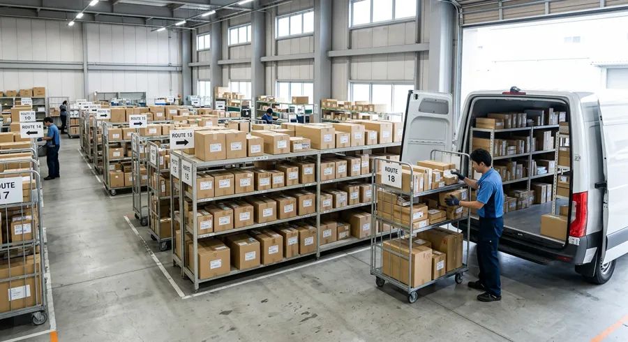 Neatly organized packages being loaded into a delivery van